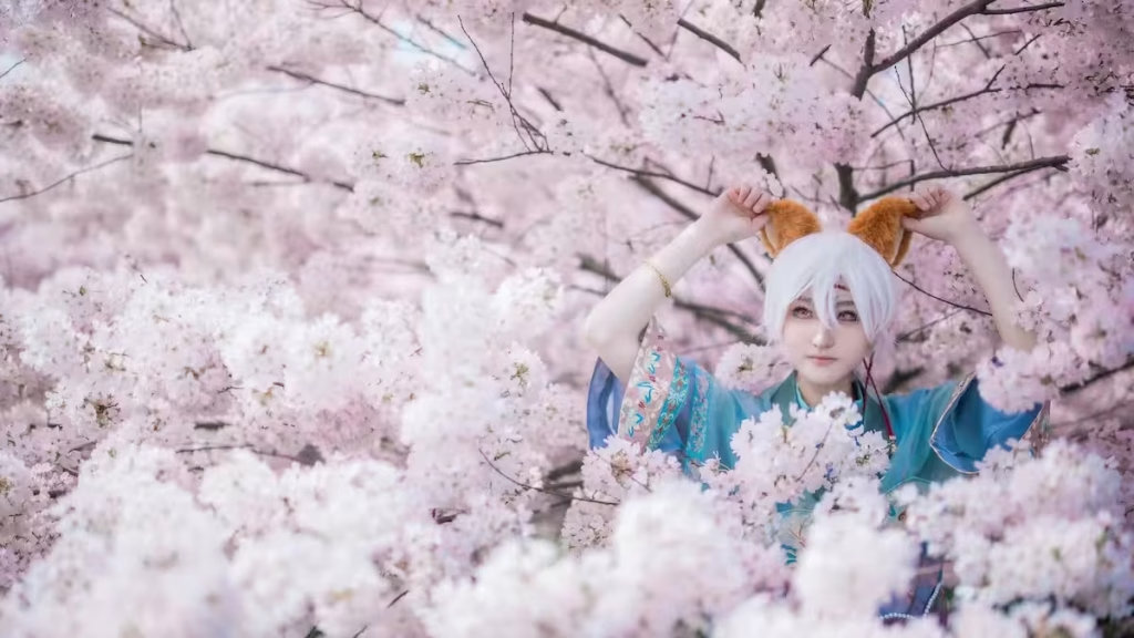 溫哥華 cosplay 攝影作品，在列治文 (Richmond) Larry Berg 飛行航道公園的櫻花樹下，捕捉白髮狐妖角色扮演者的精緻細節。