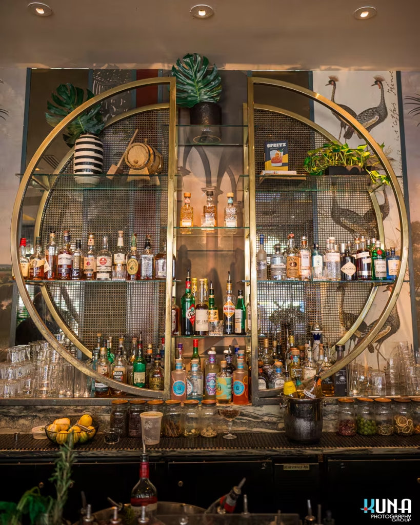 Art-deco inspired bar shelving at Capo and The Spritz in Yaletown, Metro Vancouver.