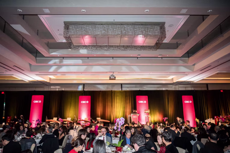 vancouver corporate event photography captures a wide view of the CIBC Lunar New Year gala captured through premium vancouver corporate event photography, showcasing the grand banquet hall atmosphere in Metro Vancouver, BC.