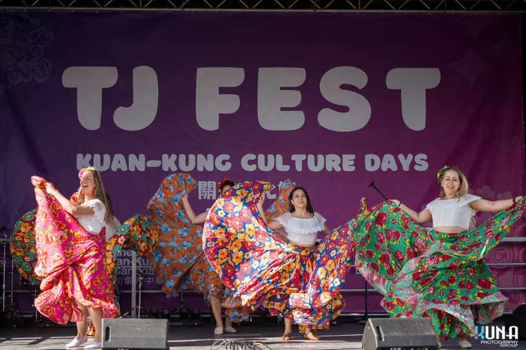 TJ Fest 2025 Kuna Photography: Vancouver Event Photographer. Multicultural dance troupe in vibrant floral skirts performing a traditional dance at TJ Fest, BC.