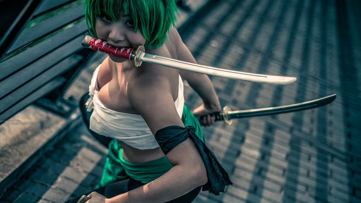 Vancouver Cosplay Photographer - High-angle shot of a dynamic Zoro cosplay from One Piece taken by a vancouver cosplay photographer at the Vancouver Convention Centre, Metro Vancouver, British Columbia, Canada.
