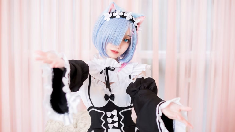 Vancouver Cosplay Photographer capturing a detailed Rem cosplay from Re:Zero reaching forward.