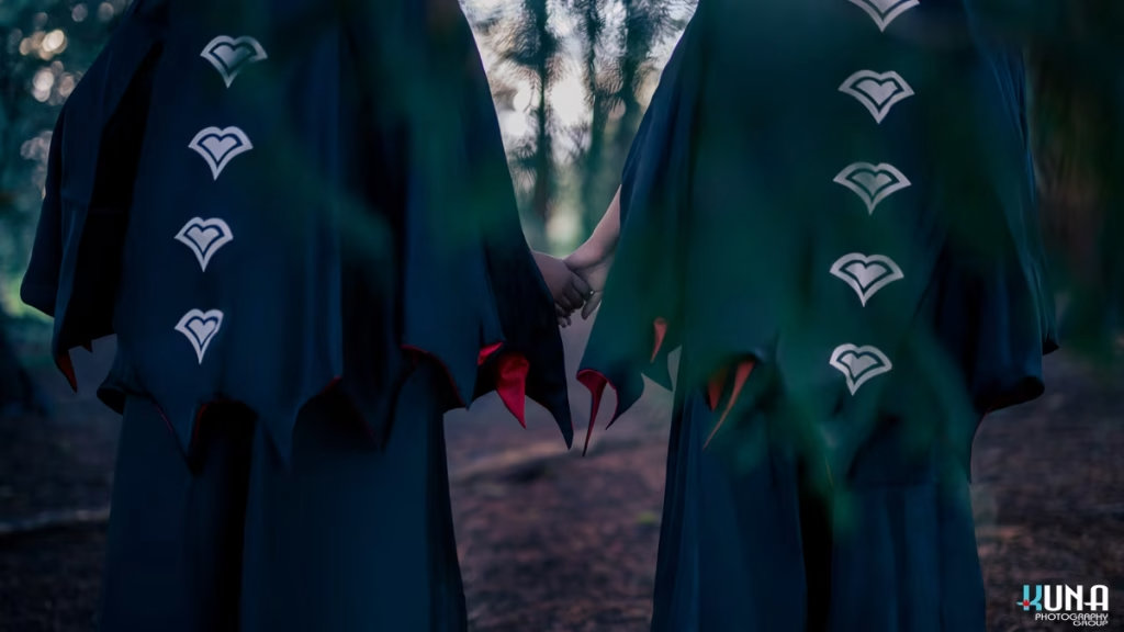 Close-up of black capes with white diamond symbols from Sky: Children of the Light cosplay, captured by a Vancouver cosplay photographer.