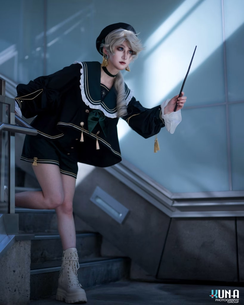 Dramatic action pose of a magic school student on stairs, Vancouver Cosplay Photography.