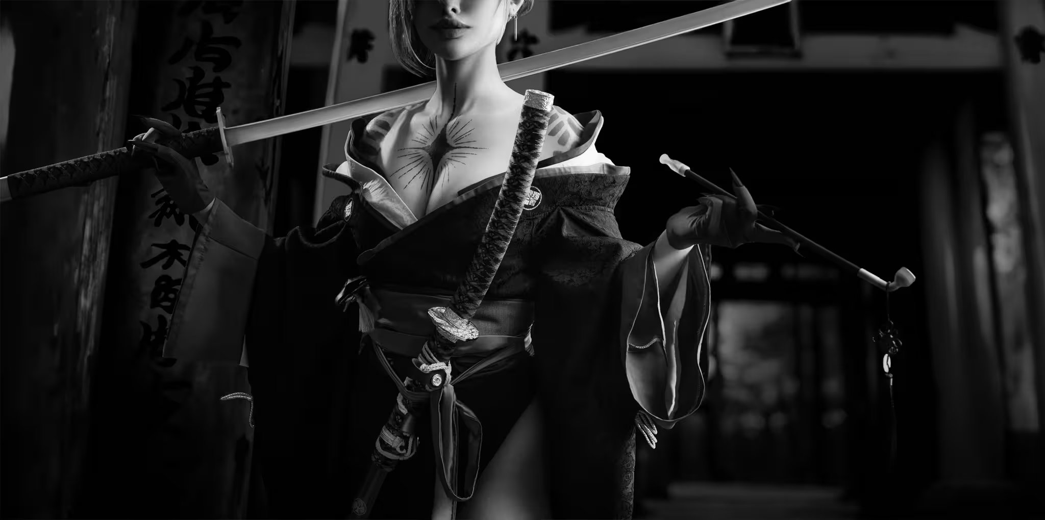 Vancouver cosplay photographer capturing a black and white photo of a female cosplayer wearing a dark, intricately textured kimono, holding a katana resting on her shoulder, and elegantly gripping a kiseru (Japanese pipe). The background features a dark, traditional Japanese shrine with strong light-and-shadow contrast.