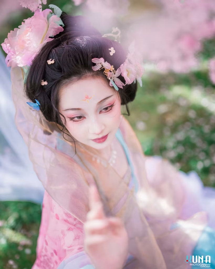 Soft focus Hanfu portrait showing exquisite traditional makeup.