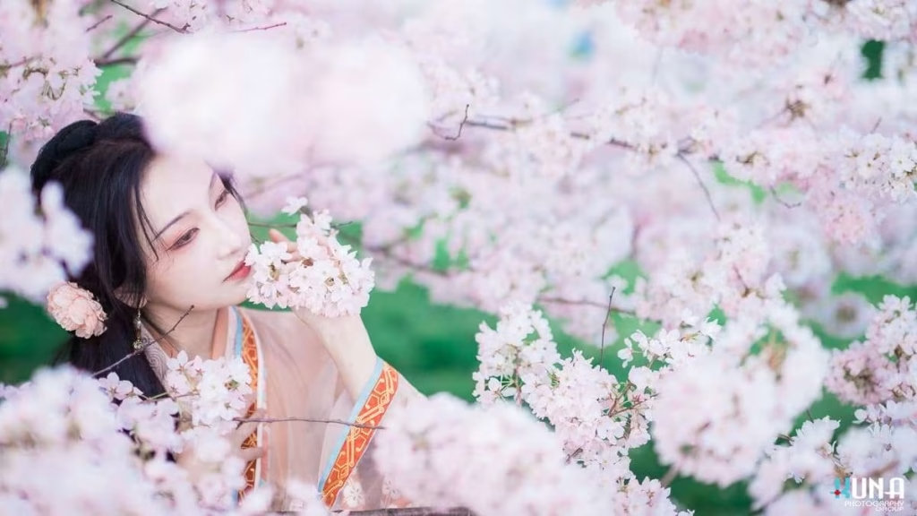 Immersive hanfu portrait close-up in Metro Vancouver: Model surrounded by a sea of pink blossoms gently touching flowers at Larry Berg Flight Path Park 2025.