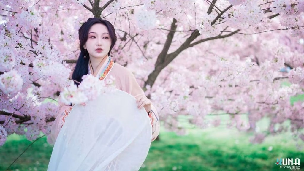 Hanfu portrait with white parasol in Metro Vancouver: Subject walking among cherry blossom branches at Larry Berg Flight Path Park 2025.