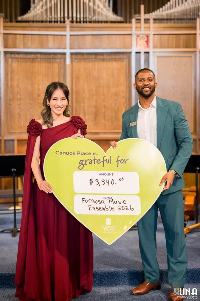 Charity cheque presentation of over three thousand dollars to Canuck Place Children's Hospice by Formosa Music Ensemble