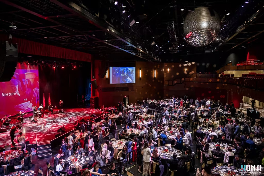 Grand ballroom event photography at River Rock Theatre Richmond Wide angle view of the grand ballroom packed with guests during the 2026 TCCBC Annual Gala.