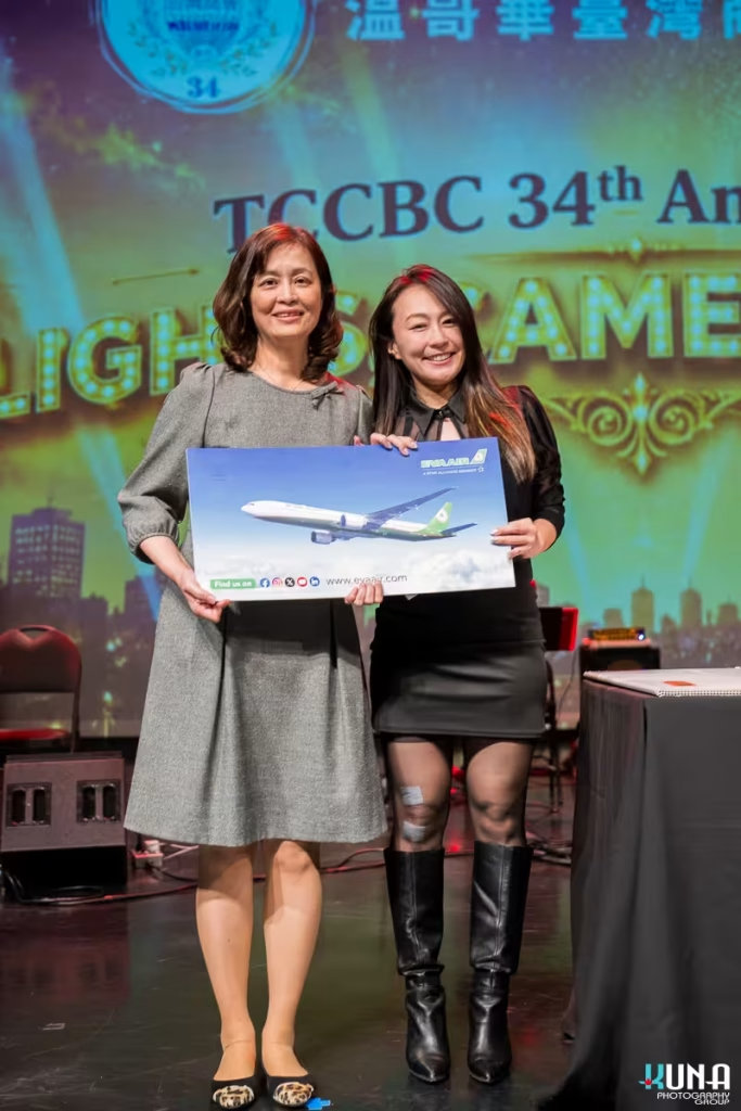 EVA Air flight ticket prize presentation stage photography Two ladies presenting a large prize placard featuring an EVA Air Boeing 777 airplane.