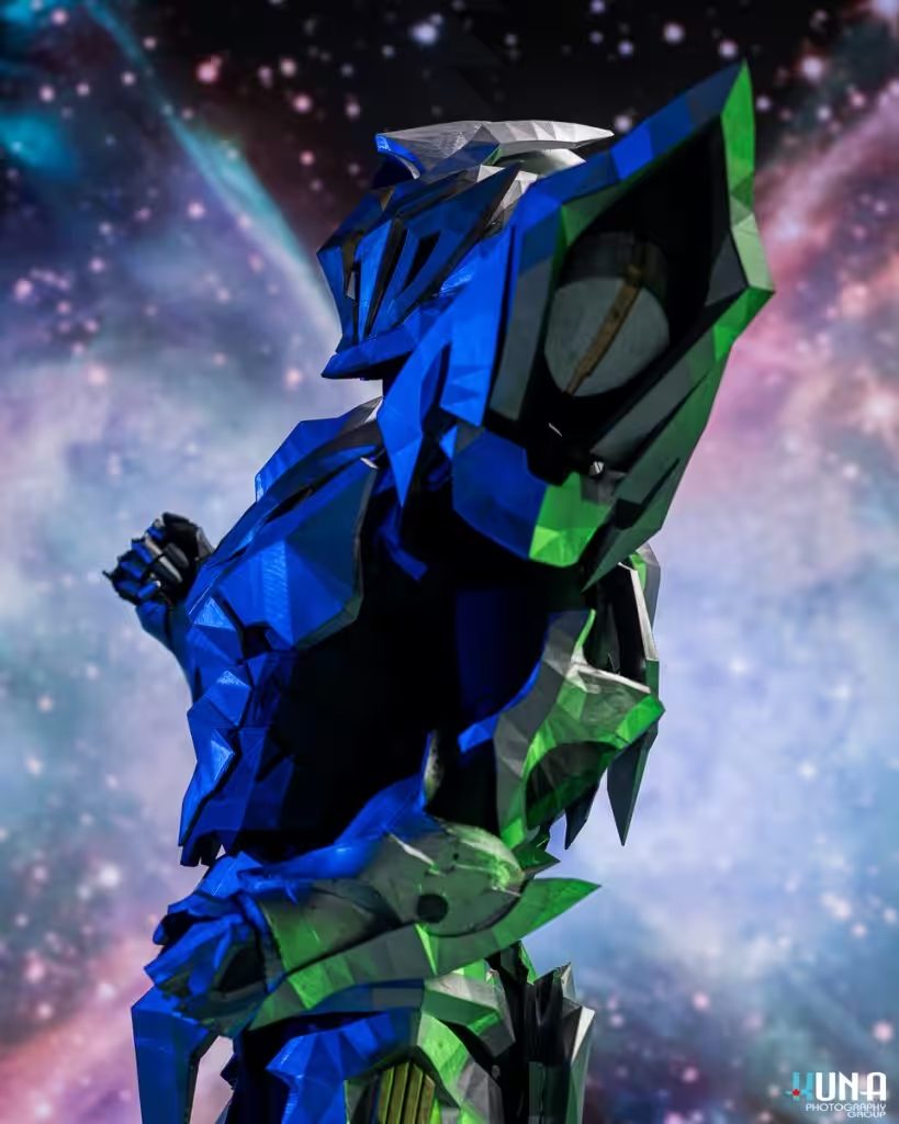 Low angle side view SAM mech suit cosmic galaxy backdrop Vancouver photoshoot